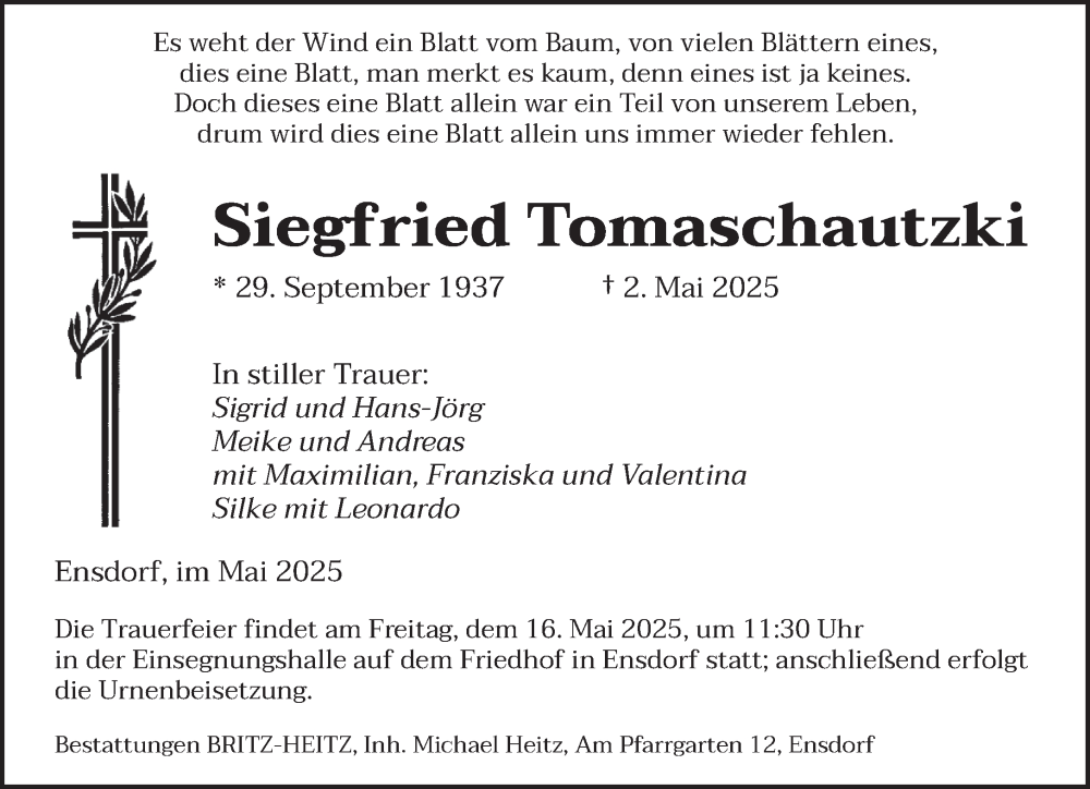  Traueranzeige für Siegfried Tomaschautzki vom 10.05.2025 aus saarbruecker_zeitung