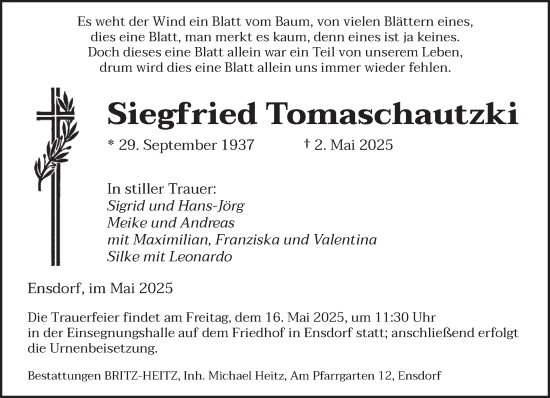 Traueranzeige von Siegfried Tomaschautzki von saarbruecker_zeitung