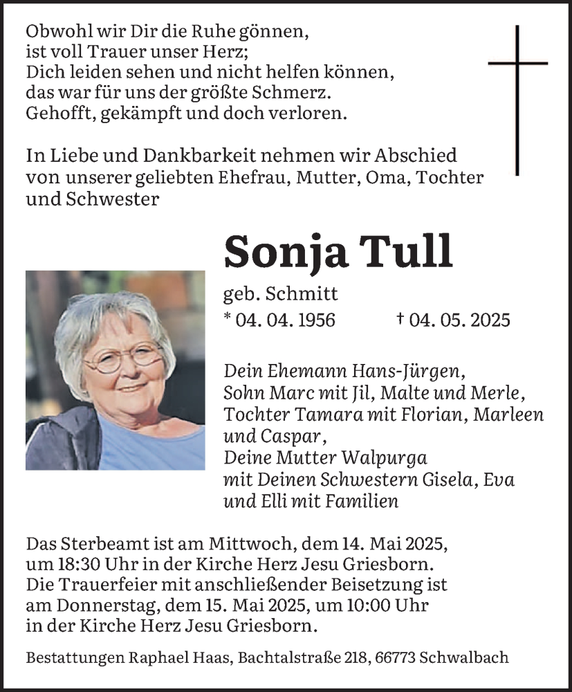  Traueranzeige für Sonja Tull vom 10.05.2025 aus saarbruecker_zeitung