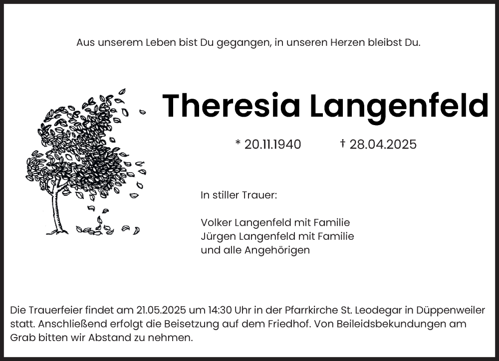  Traueranzeige für Theresia Langenfeld vom 10.05.2025 aus saarbruecker_zeitung