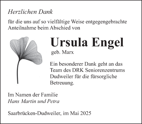 Traueranzeige von Ursula Engel von saarbruecker_zeitung