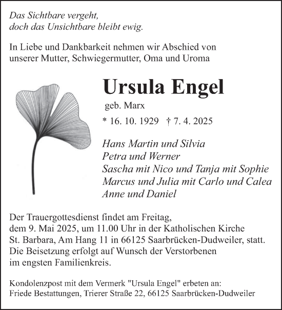 Traueranzeige von Ursula Engel von saarbruecker_zeitung