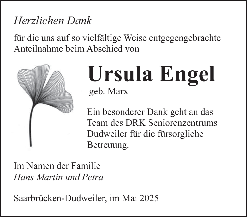  Traueranzeige für Ursula Engel vom 17.05.2025 aus saarbruecker_zeitung