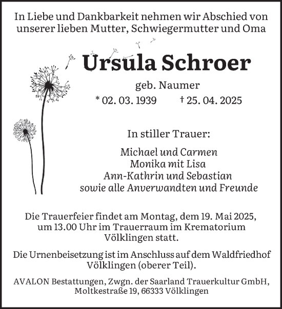 Traueranzeige von Ursula Schroer von saarbruecker_zeitung