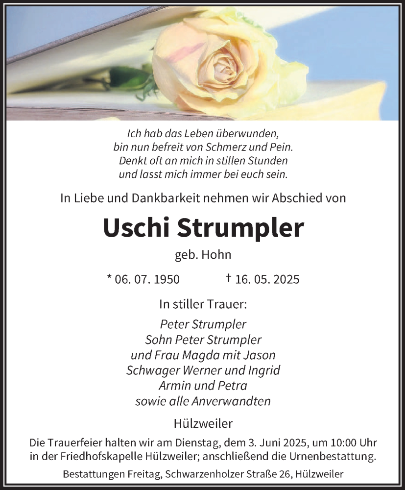  Traueranzeige für Uschi Strumpler vom 24.05.2025 aus saarbruecker_zeitung