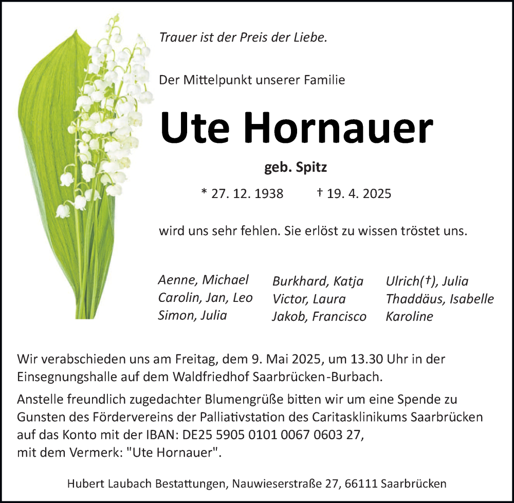  Traueranzeige für Ute Hornauer vom 03.05.2025 aus saarbruecker_zeitung