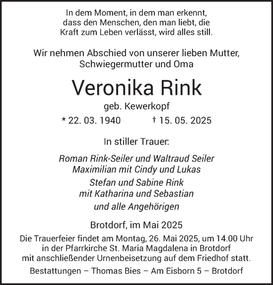 Traueranzeige von Veronika Rink von saarbruecker_zeitung