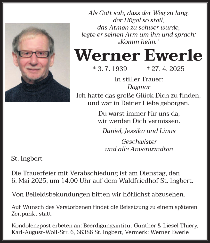  Traueranzeige für Werner Ewerle vom 03.05.2025 aus saarbruecker_zeitung