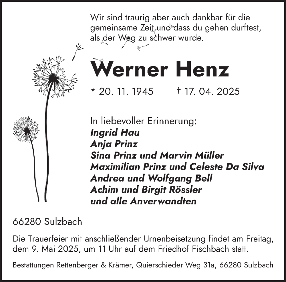  Traueranzeige für Werner Henz vom 03.05.2025 aus saarbruecker_zeitung