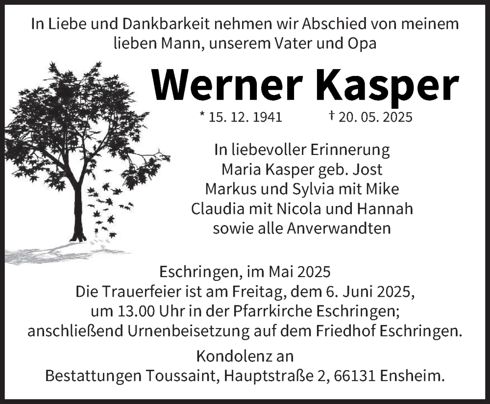  Traueranzeige für Werner Kasper vom 24.05.2025 aus saarbruecker_zeitung