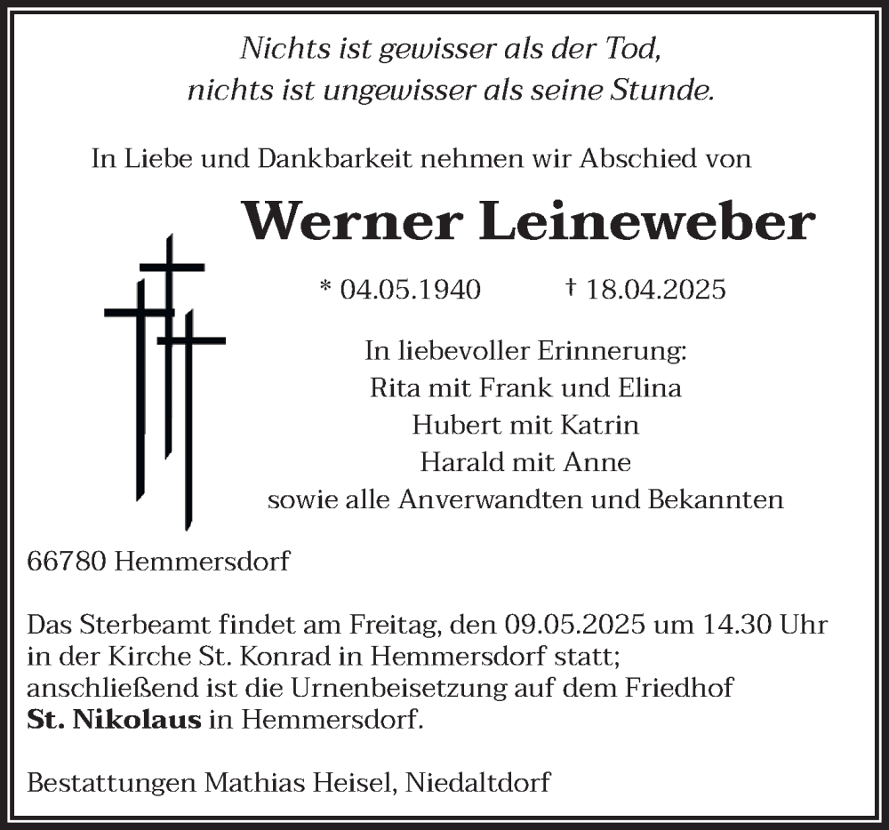  Traueranzeige für Werner Leineweber vom 03.05.2025 aus saarbruecker_zeitung