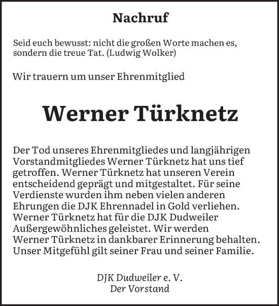 Traueranzeige von Werner Türknetz von saarbruecker_zeitung