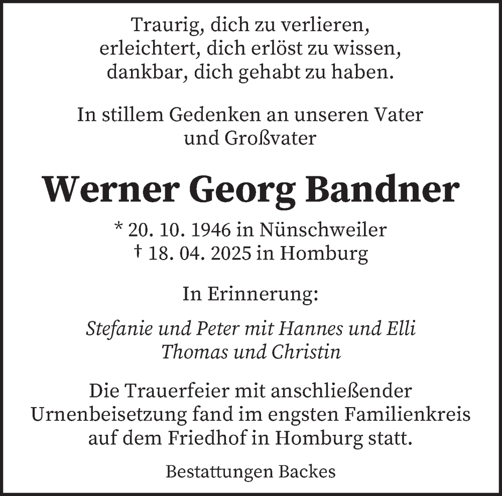  Traueranzeige für Werner Georg Bandner vom 17.05.2025 aus saarbruecker_zeitung