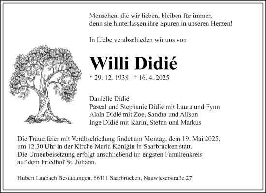 Traueranzeige von Willi Didié von saarbruecker_zeitung