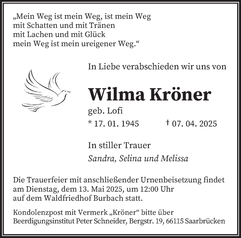  Traueranzeige für Wilma Kröner vom 07.05.2025 aus saarbruecker_zeitung