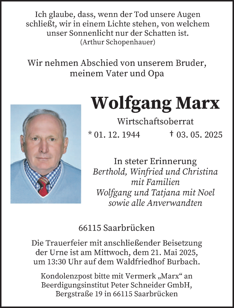  Traueranzeige für Wolfgang Marx vom 17.05.2025 aus saarbruecker_zeitung