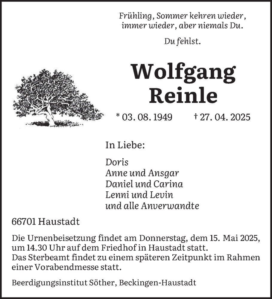  Traueranzeige für Wolfgang Reinle vom 10.05.2025 aus saarbruecker_zeitung