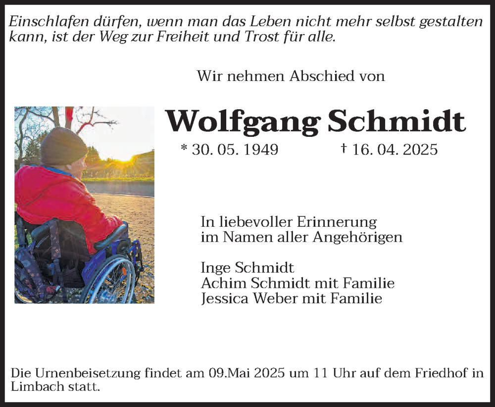 Traueranzeige für Wolfgang Schmidt vom 03.05.2025 aus saarbruecker_zeitung