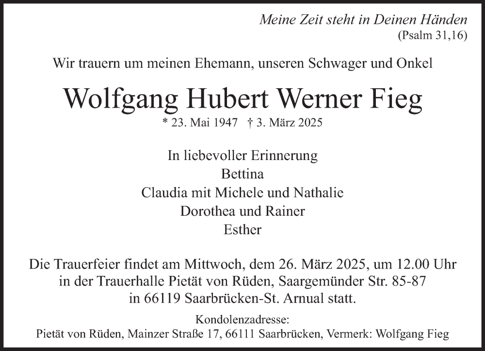  Traueranzeige für Wolfgang Hubert Werner Fieg vom 19.03.2025 aus saarbruecker_zeitung