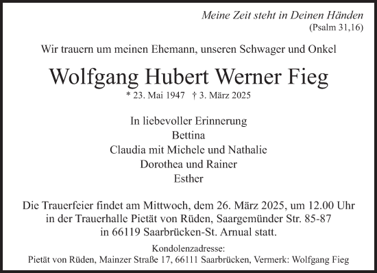Traueranzeige von Wolfgang Hubert Werner Fieg von saarbruecker_zeitung