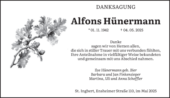 Traueranzeige von Alfons Hünermann von saarbruecker_zeitung