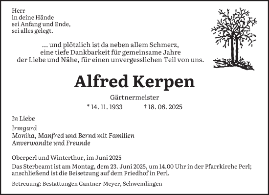 Traueranzeige von Alfred Kerpen von saarbruecker_zeitung