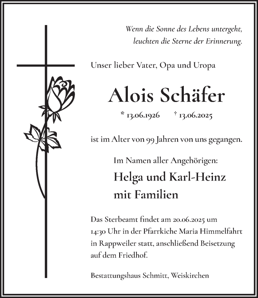  Traueranzeige für Alois Schäfer vom 18.06.2025 aus saarbruecker_zeitung