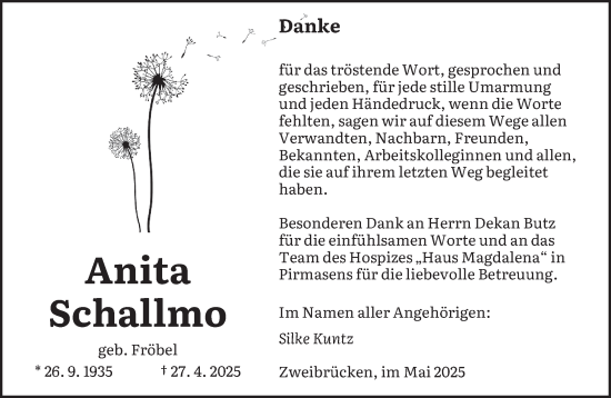 Traueranzeige von Anita Schallmo von saarbruecker_zeitung