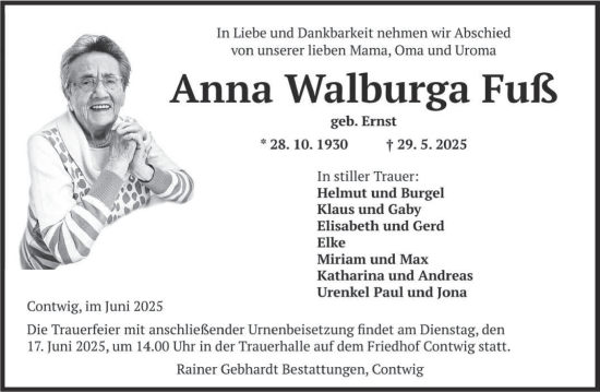 Traueranzeige von Anna Walburga Fuß von saarbruecker_zeitung