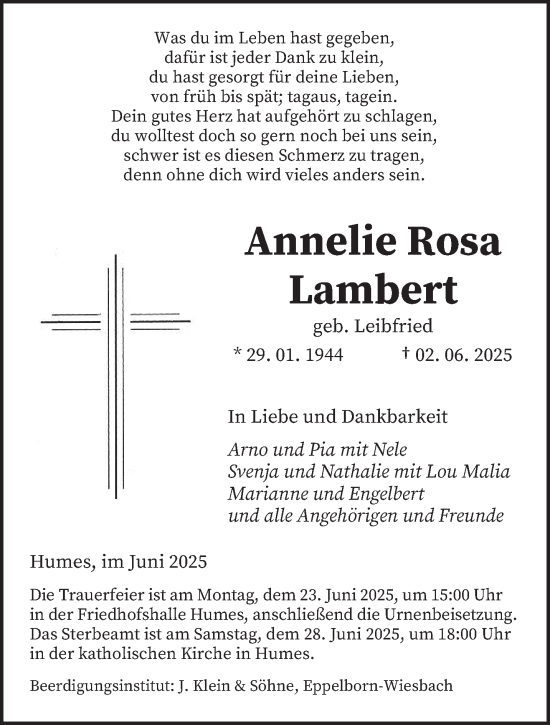 Traueranzeige von Annelie Rosa Lambert von saarbruecker_zeitung