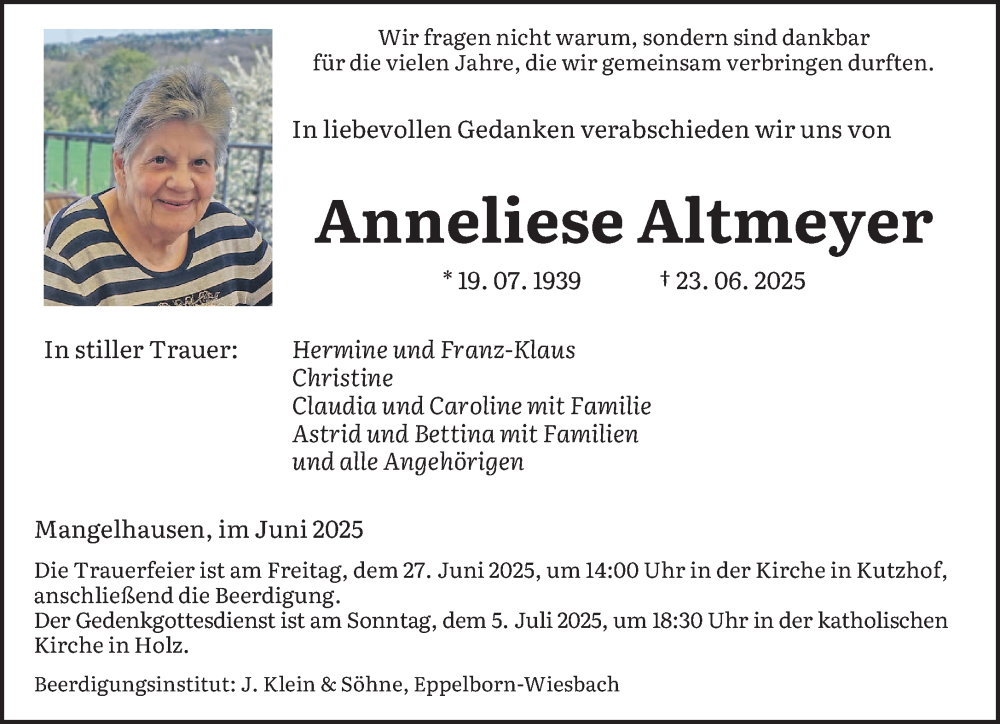 Traueranzeige für Anneliese Altmeyer vom 25.06.2025 aus saarbruecker_zeitung