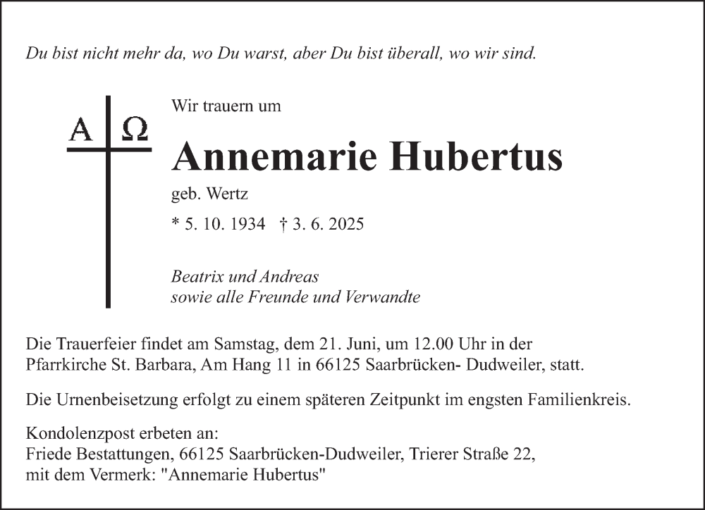  Traueranzeige für Annemarie Hubertus vom 14.06.2025 aus saarbruecker_zeitung