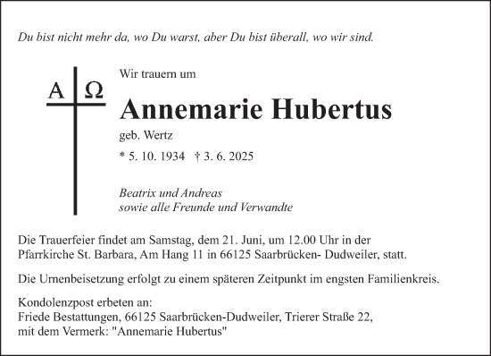 Traueranzeige von Annemarie Hubertus von saarbruecker_zeitung
