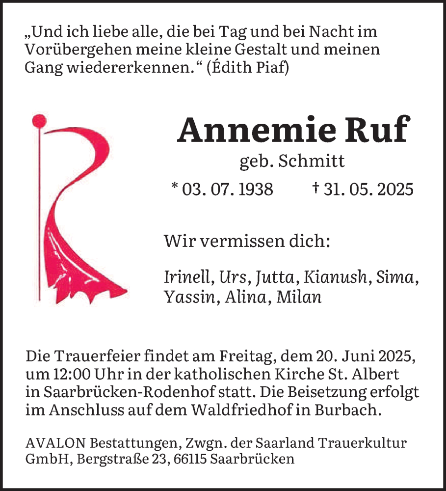  Traueranzeige für Annemie Ruf vom 07.06.2025 aus saarbruecker_zeitung
