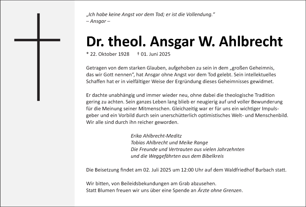  Traueranzeige für Ansgar Ahlbrecht vom 14.06.2025 aus saarbruecker_zeitung