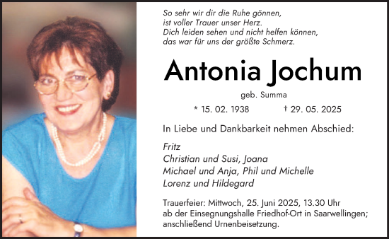 Traueranzeige von Antonia Jochum von saarbruecker_zeitung