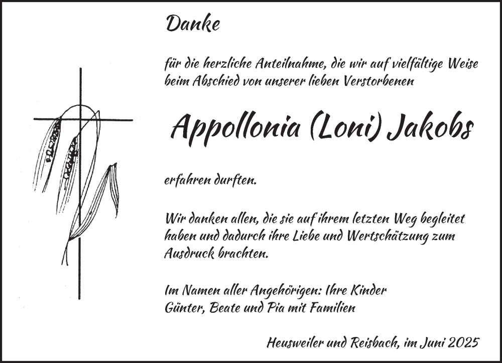  Traueranzeige für Appollonia Jakobs vom 07.06.2025 aus saarbruecker_zeitung
