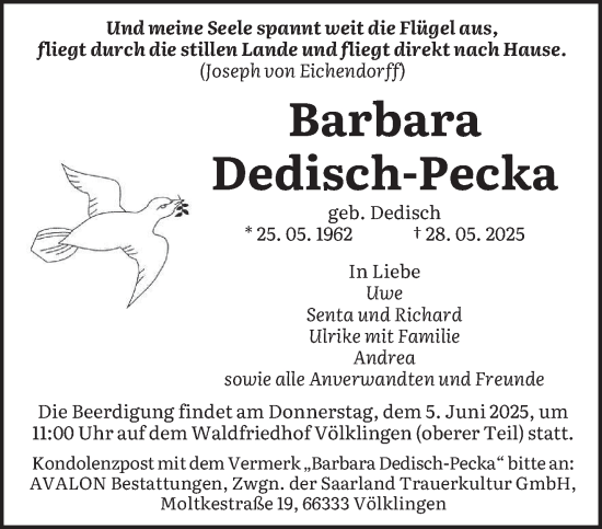 Traueranzeige von Barbara Dedisch-Pecka von saarbruecker_zeitung