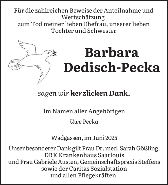Traueranzeige von Barbara Dedisch-Pecka von saarbruecker_zeitung