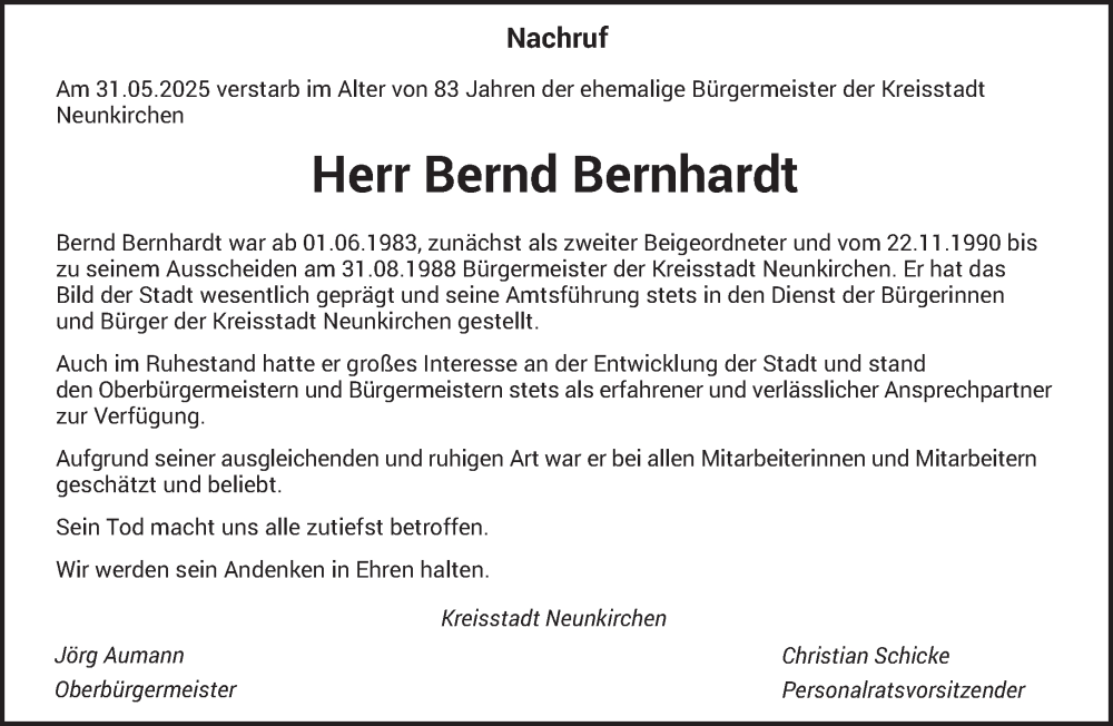  Traueranzeige für Bernd Bernhardt vom 12.06.2025 aus saarbruecker_zeitung