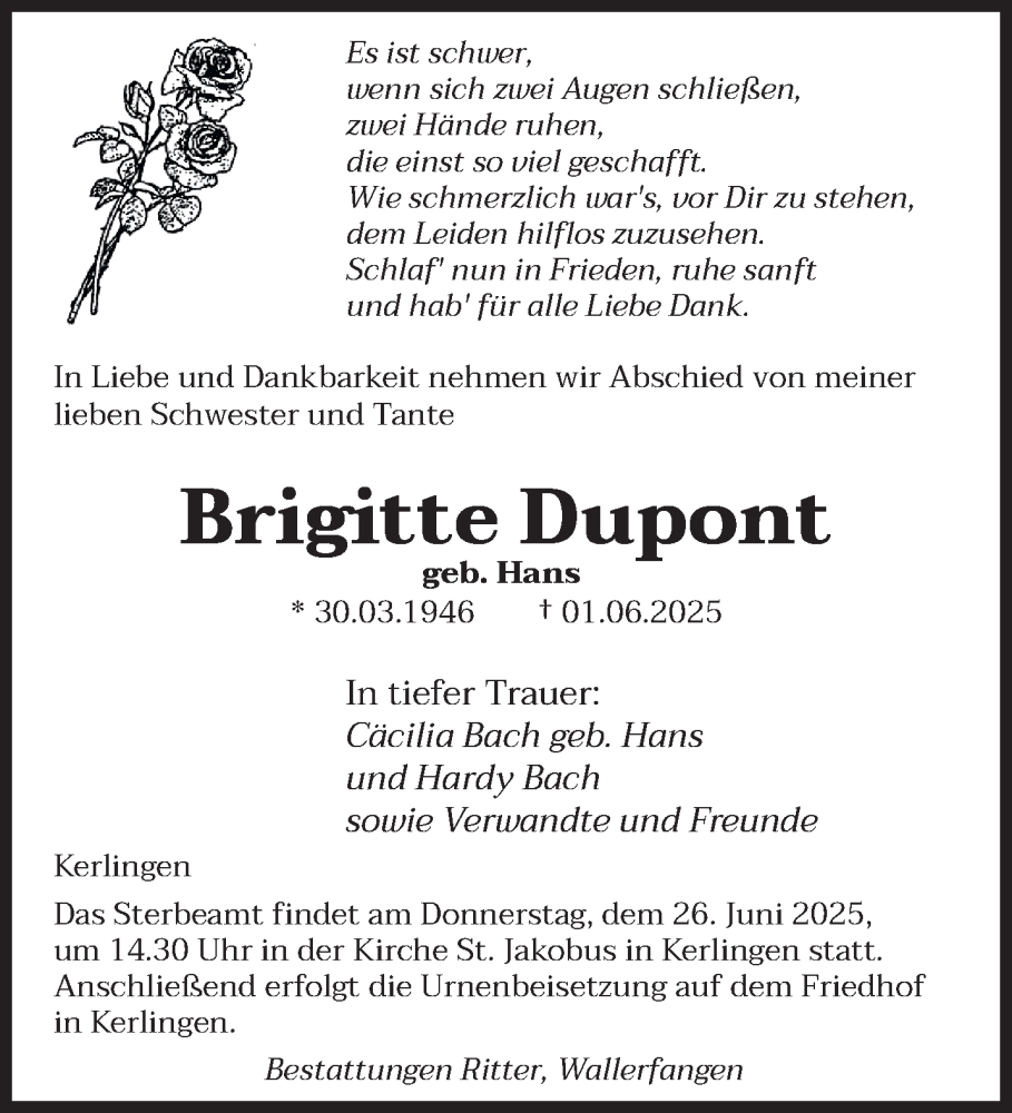  Traueranzeige für Brigitte Dupont vom 21.06.2025 aus saarbruecker_zeitung