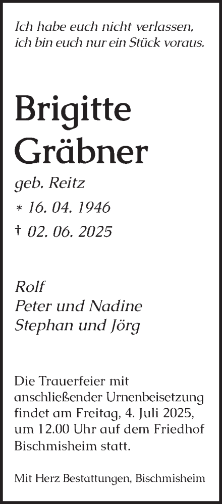 Traueranzeige von Brigitte Gräbner von saarbruecker_zeitung