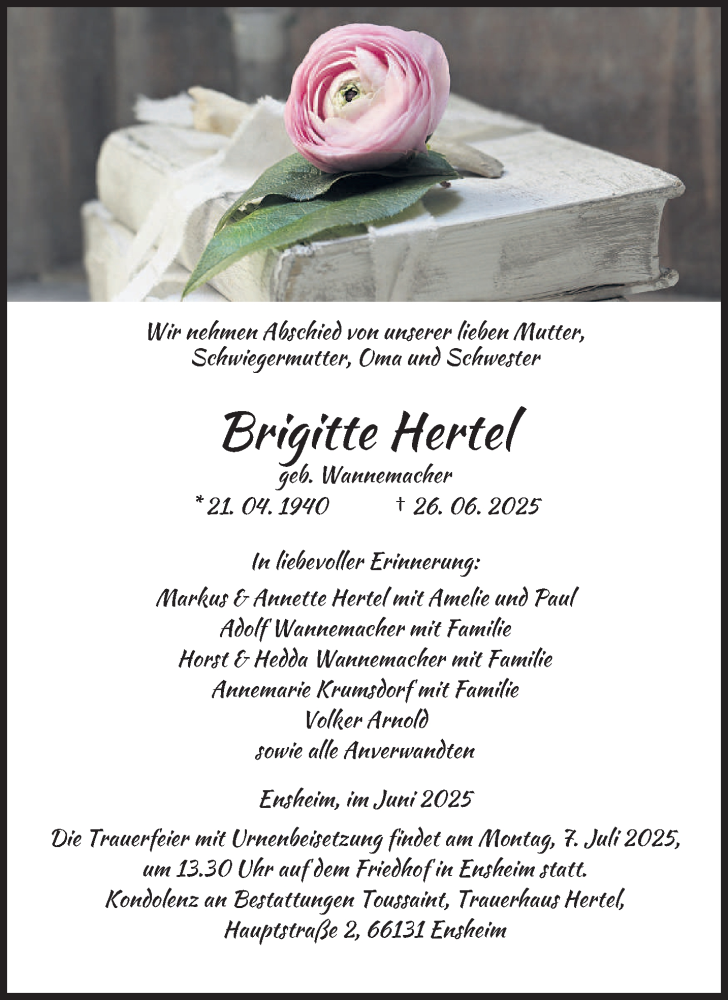  Traueranzeige für Brigitte Hertel vom 28.06.2025 aus saarbruecker_zeitung