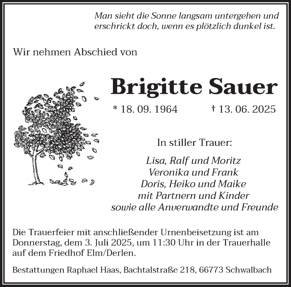  Traueranzeige für Brigitte Sauer vom 28.06.2025 aus saarbruecker_zeitung