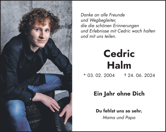 Traueranzeige von Cedric Halm von saarbruecker_zeitung