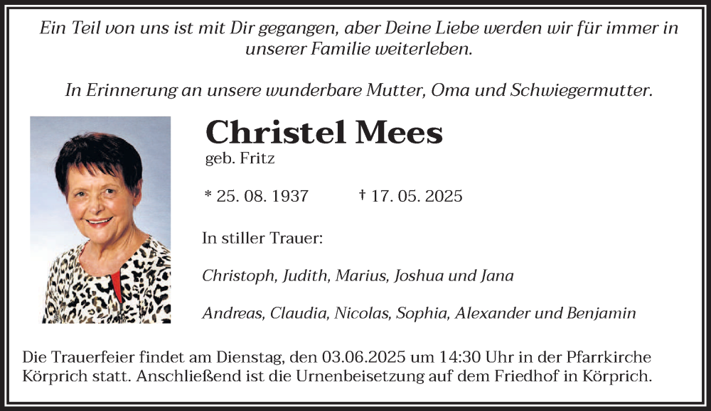  Traueranzeige für Christel Mees vom 31.05.2025 aus saarbruecker_zeitung