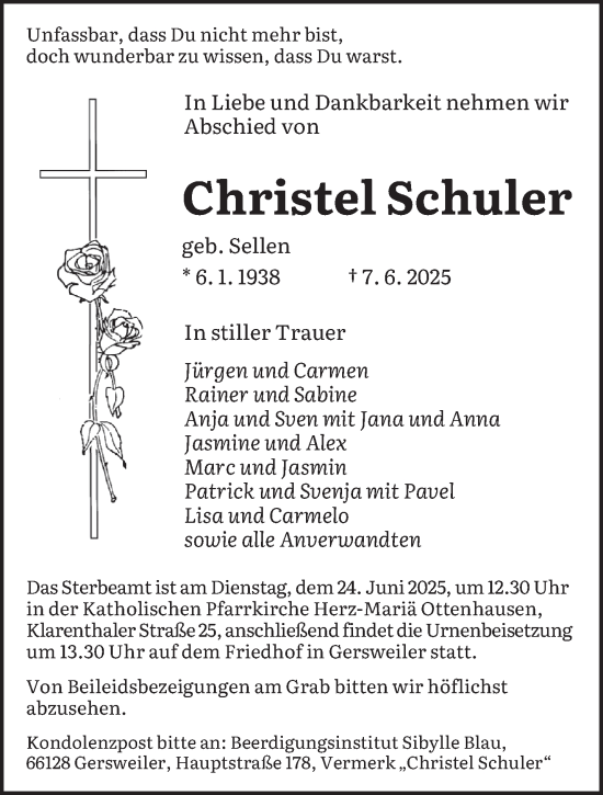 Traueranzeige von Christel Schuler von saarbruecker_zeitung