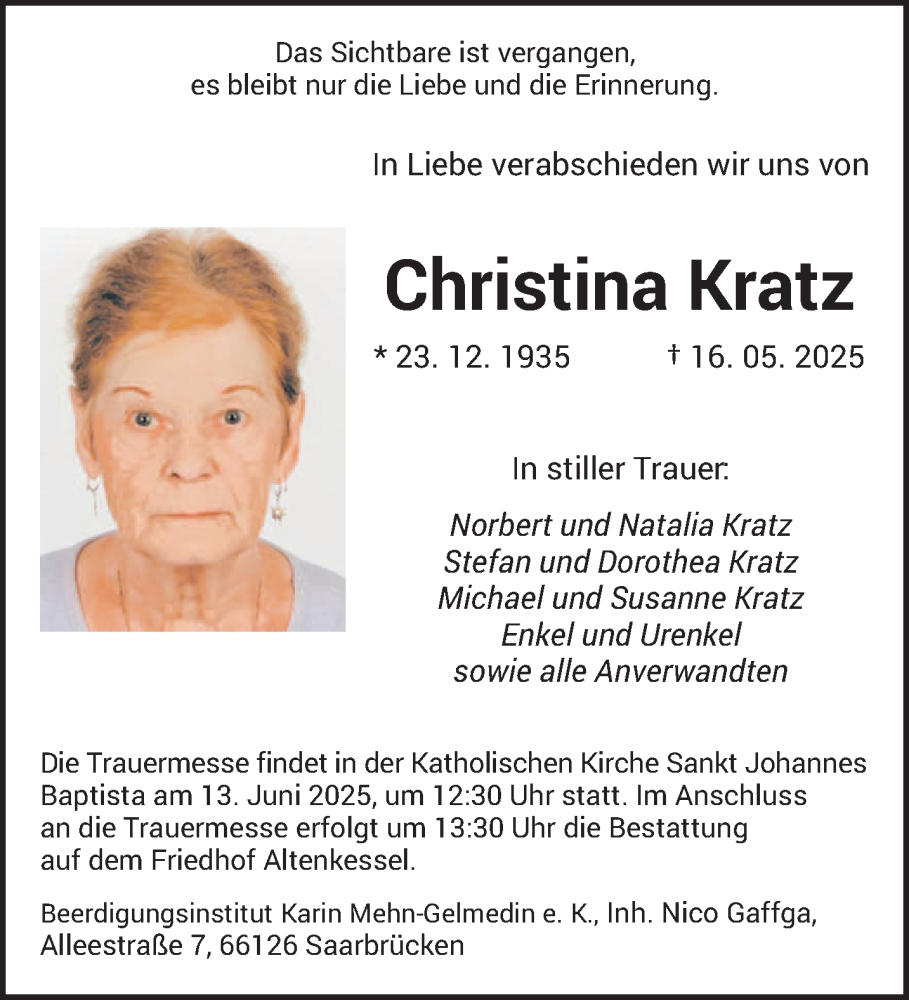  Traueranzeige für Christina Kratz vom 07.06.2025 aus saarbruecker_zeitung