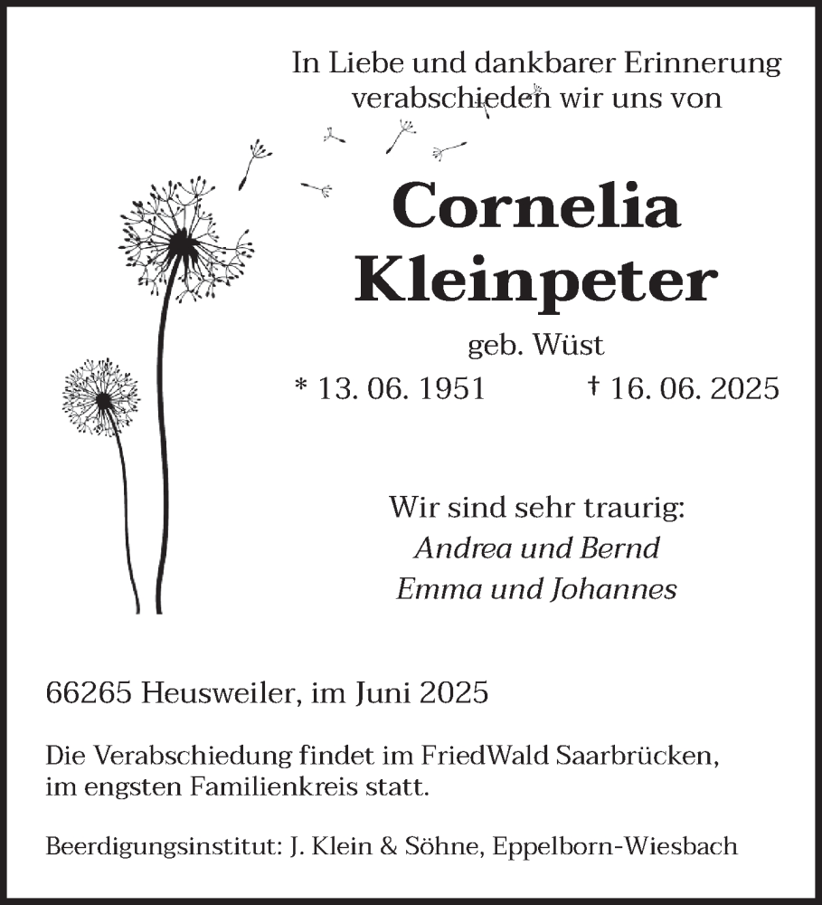  Traueranzeige für Cornelia Kleinpeter vom 21.06.2025 aus saarbruecker_zeitung