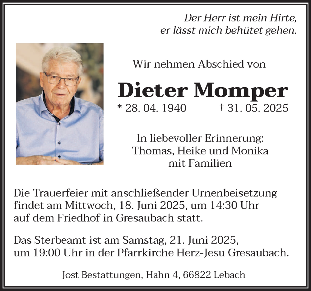  Traueranzeige für Dieter Momper vom 14.06.2025 aus saarbruecker_zeitung